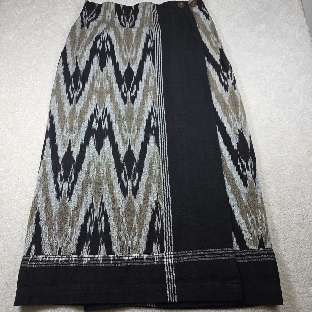 Chico's Wrap‎ Skirt Womens 1 Black Brown Aztec Print Tweed Cotton Button Closure